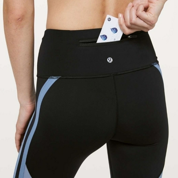 Lululemon Zip The Line Crop Leggings Black with Blue & Mesh Details - Picture 3 of 10